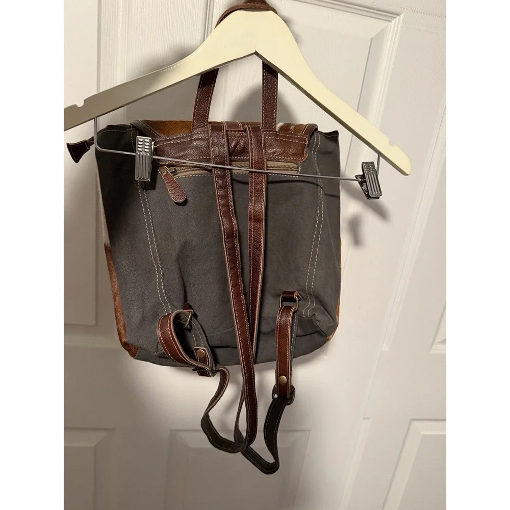 Myra Bag‎ Canvas Genuine Leather Cow Hide Backpack Western Festival Up Cycled